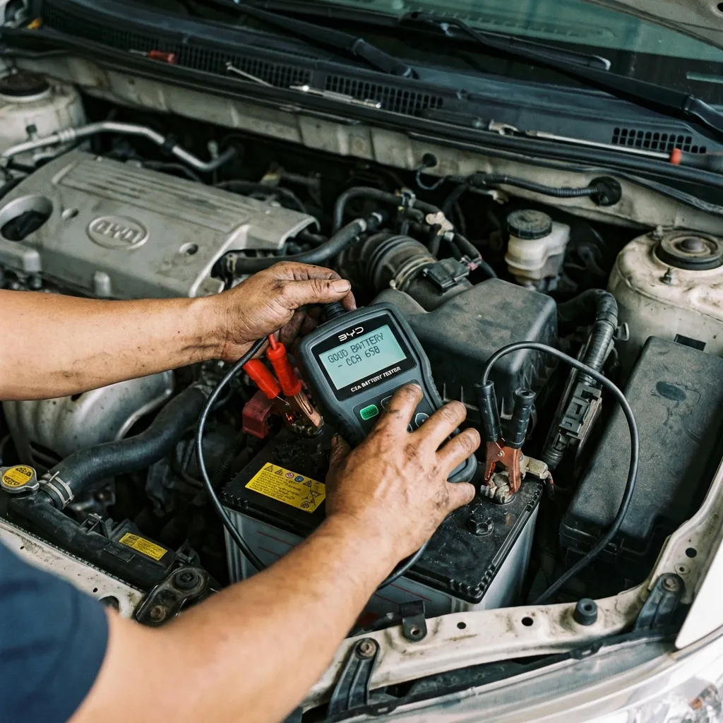 Technician checking BYD battery