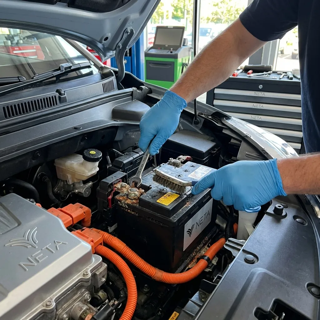 Technician checking NETA V battery